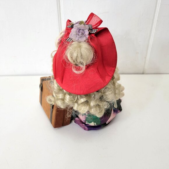 Handmade Fabric Artist Doll With Curly Hair & Red Hat Holding Suitcase - Picture 5 of 8
